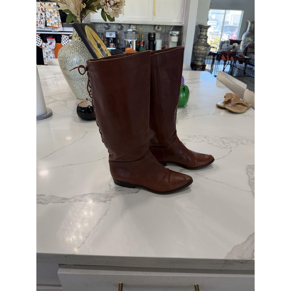 Leather Riding Boots Womens Size 8.5 Brown Knee High Lace Up Back Tall
